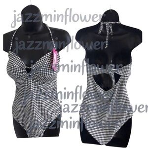 Betsey Johnson white‎ black classic gingham print halter swimsuit size XL new